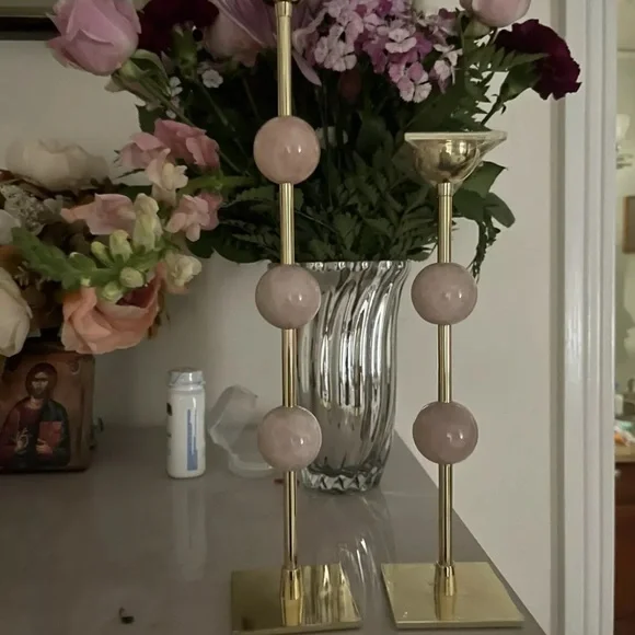 Ilymnia Candlestick Brass And Rose Quarts Set Of Two